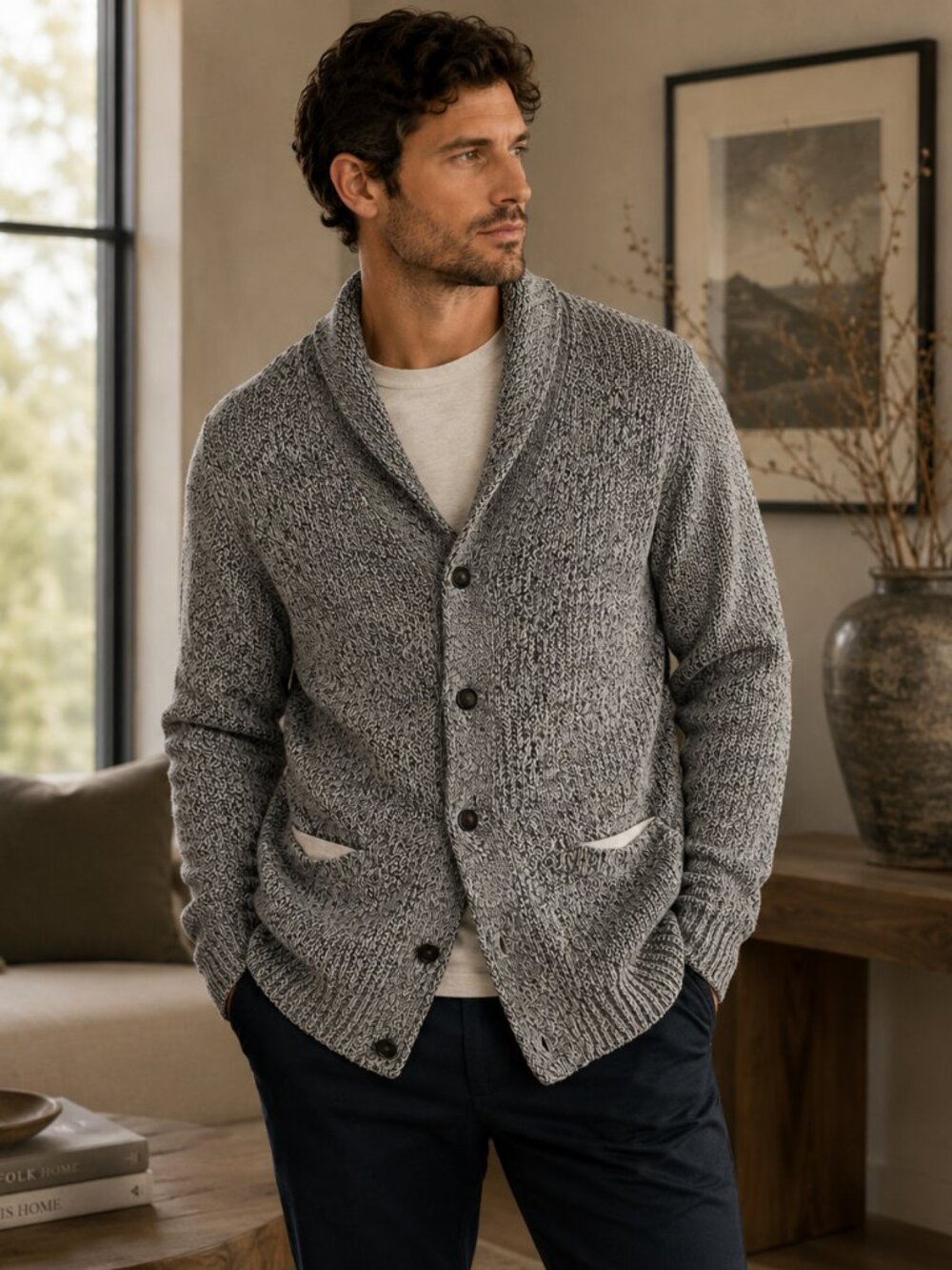 Faherty Marled Shawl Collar Cotton Cashmere Cardigan Sweater Gray Men’s Small